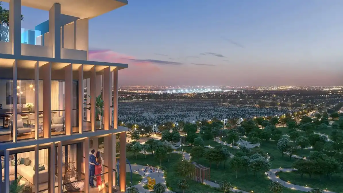 Night skyline view from Elm at ParkFive rooftop